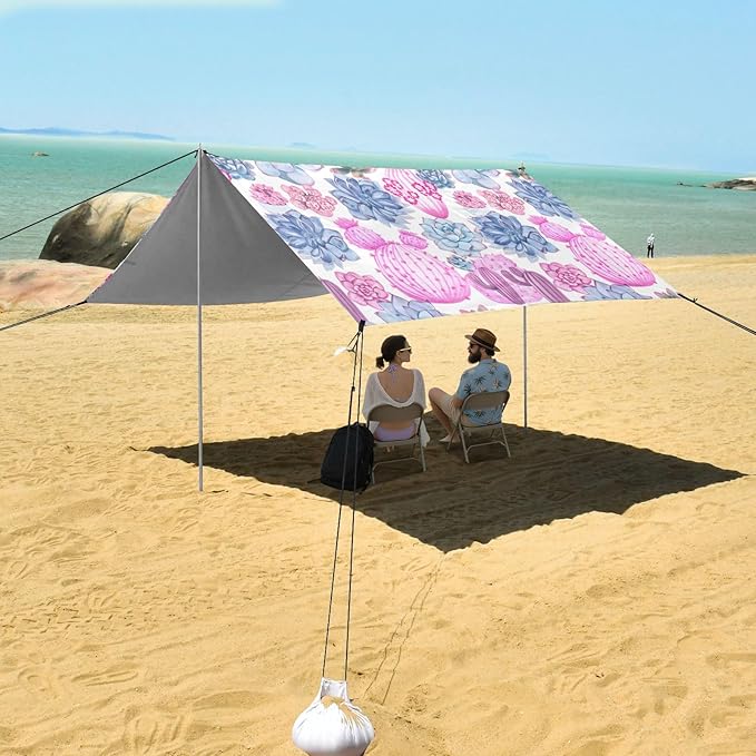 Beach Canopy with Windproof Ropes &amp Sandbags Beach Tent Sun Shade Sun Shelter for Camping Trips Fishing Backyard Fun or Picnics Cactus