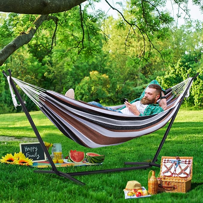 550lbs Capacity Double Hammock Adjustable Hammock Bed with 10ft Heavy Duty Steel Stand Includes Portable Carrying Case Easy Set up