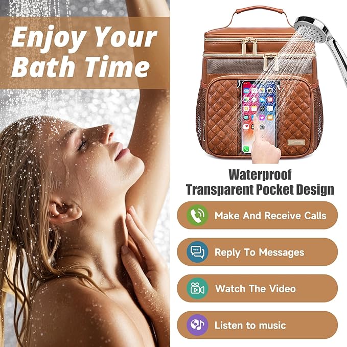 Large Leather Toiletry Bag for Women MenBathroom BagWater Resistant Shower BagMakeup BagPortable Shower Caddy for College DormHanging Travel Toiletry Bag with Transparent Waterproof Phone Pocket