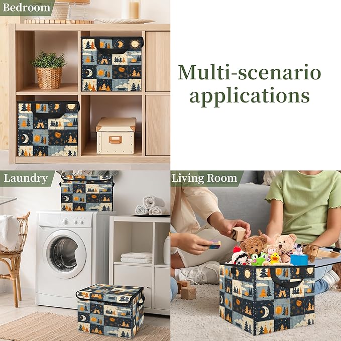 Rustic Trees Storage Basket with Lid Sun Moon Foldable Storage Box Fabric Storage Bins with Carrying Handles for Home Bedroom Closet Organization