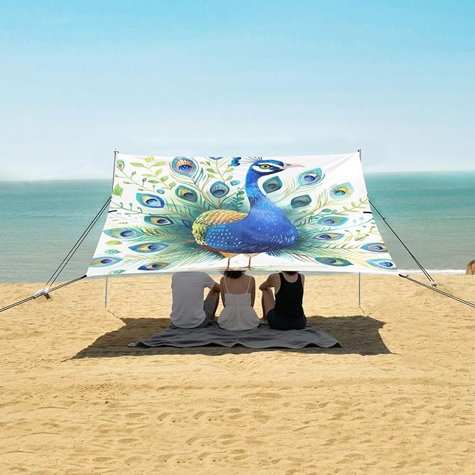 ALAZA Beatiful Peacock Beach Tent Sun Shelter Portable Canopy Sunshade for Outdoor Camping Picnics Backyard Fun 10x9 ft