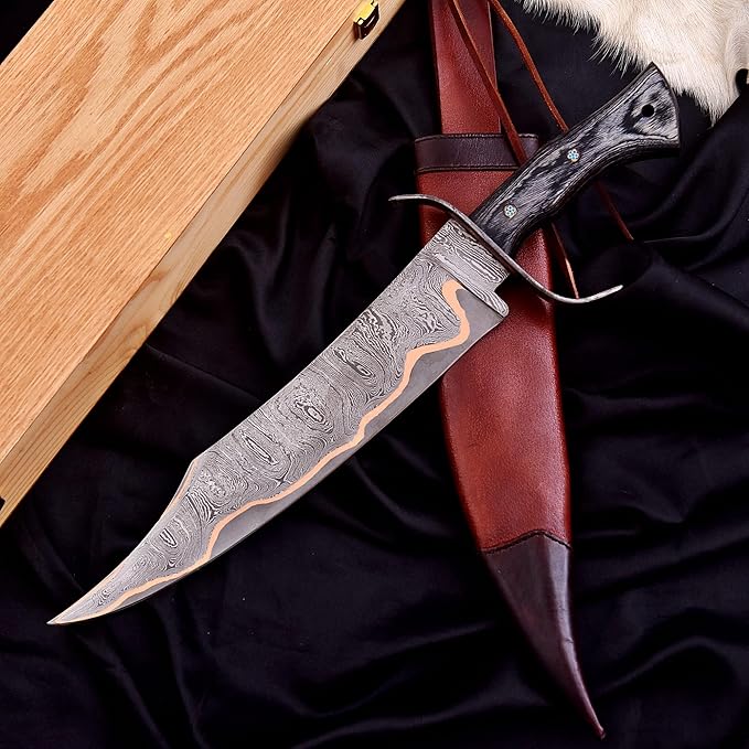 Handmade Copper Damascus Bowie Knife | San Mai Hunting Knife | Micarta Handle SurvivalBushcraft knives-Ideal for CampingSkinning Outdoor (QC-301)