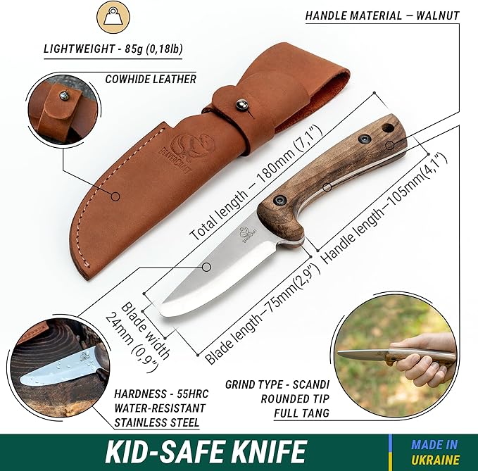BeaverCraft Kids Boy Scout Knife - Whittling Knives for Kids - Safe Kid Knife with Rounded Tip &amp Sheath - First Bushcraft Knives for Boys 8-12 BSH Kid