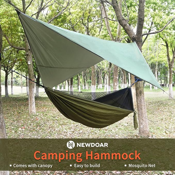 NewDoar Camping Hammock with Mosquito Net and Rain Fly TarpPortable Single Nylon Parachute Hammock Rainfly SetTree Straps Swing Hammock Bed for Outdoor Backpacking Backyard Hiking(ArmyGreen)