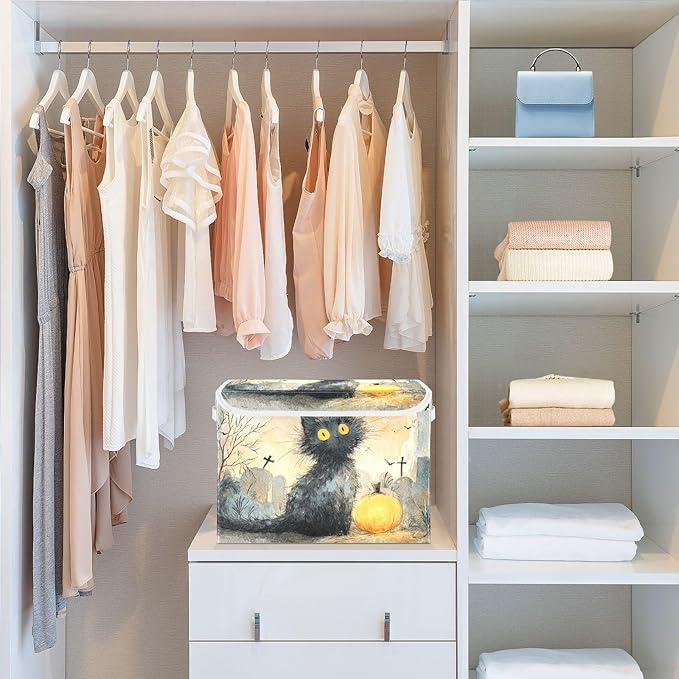 Halloween Cute Cat Storage Box with Lid 1 PC Foldable Storage Bin with Lids Stackable Storage Bins Cube Closet Organizer Basket with Flip-Top Lid &amp Handles for Shoes Books Towels