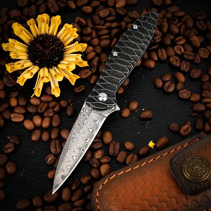 Zingbee Damascus Pocket Knife 2.87 Damascus Blade Folding Knives with Stainless Steel Handle EDC Knife for Camping Hiking Hunting Gift