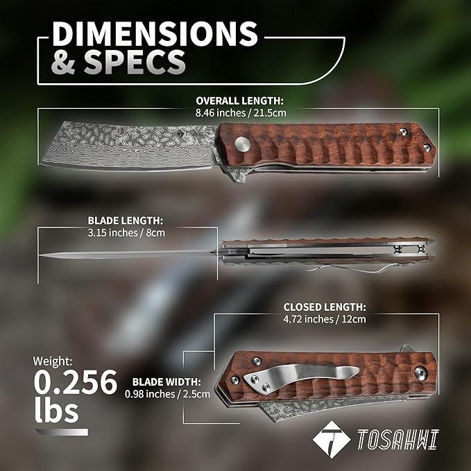 Pocket Knife Damascus Steel 3.54 Tanto Blade Folding Knife for Rosewood Handle with Clip for Men Women for EDC Camping Gift