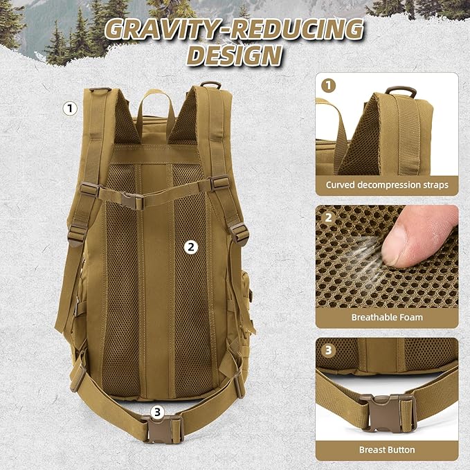 35L Military Tactical Backpack for MenWater Resistant Assault Pack for WomenKhaki Molle Daypack 3 Day Bug Out Bag Rucksack for Trekking CampingSurvivalEDC