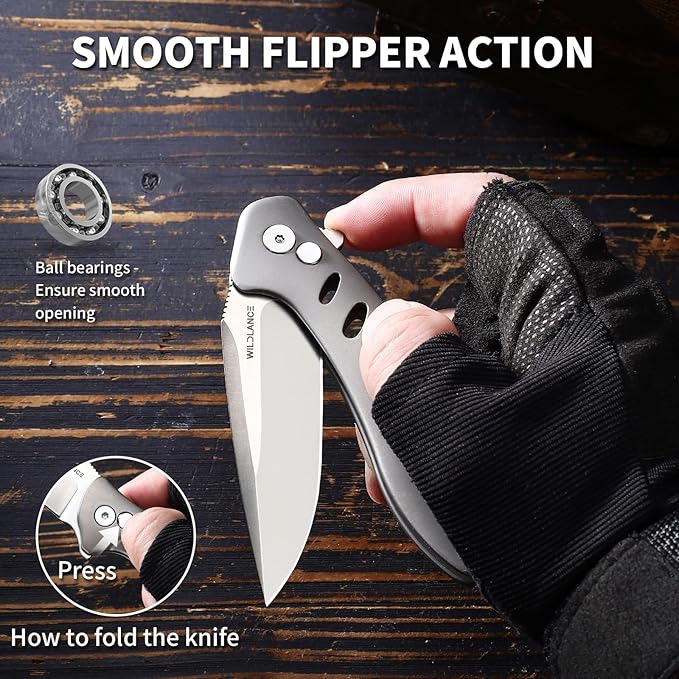 Small EDC Pocket Knife for Men &amp Women - 3 Drop Point D2 Blade Titanium Handle with Button Lock &amp Pocket Clip | Small Slim Cool Folding Knife for Daily Carry Camping Hiking &amp Outdoor Us
