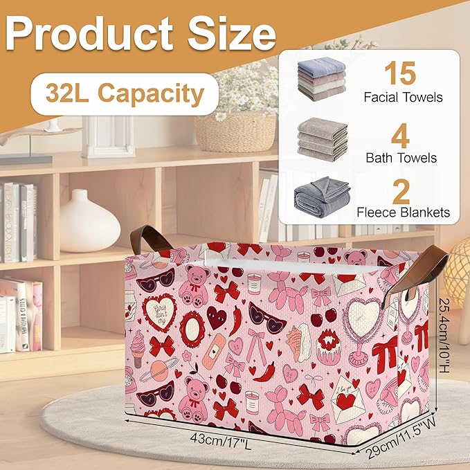 Storage Bin with Handles Pink Bowknot Collapsible Laundry Baskets for Books Laundry - Use in Nursery Closet Organizers and Storage Blanket Basket