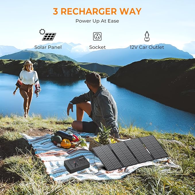 powkey Solar Powered Generator 200W Portable Power Station with Solar Panels 40W 146Wh Power Bank with 2 AC Outlet 110V Pure Sine Wave for Outdoor Camping Emergency Home