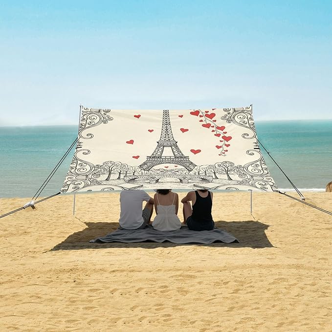 Eiffel Tower Beach Canopy Sun Shelter with Sandbags &amp Sand Shovel &amp Windproof Ropes - Portable 110x126 Beach Shade Beach Tent for Camping Picnics