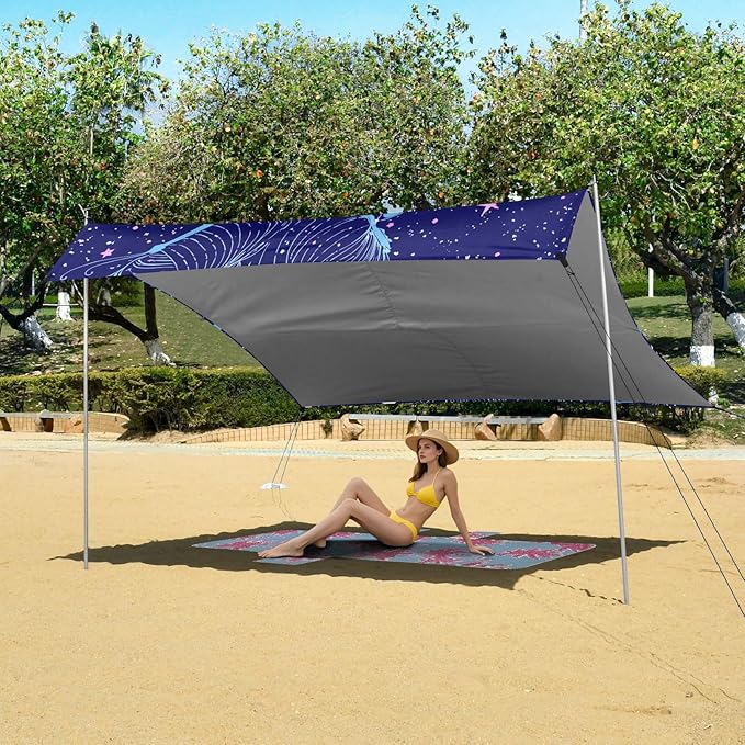 xigua Butterfly Beach Tent Sun Shelter with Carrying Bag - Silver Coated Oxford Fabric Beach Canopy for Beach Camping Fishing - Includes Windproof Ropes Sandbags &amp Stakes