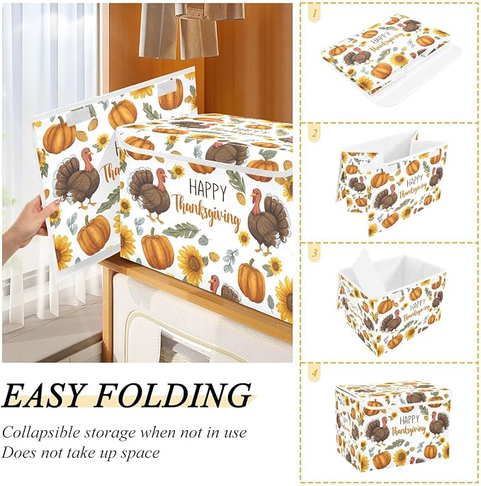 Storage Bins with Lids Storage Containers Box Organizer Bin Basket with Handles for Closet Shelves Clothes Stackable Foldable Decorative Thanksgiving Turkeys Sunflowers White