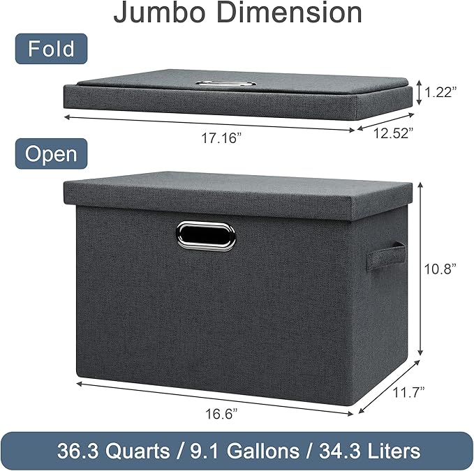Graciadeco Large 17 36 Quart Collapsible Stackable Storage Bins with Lids 5 Packs Dark Gray Foldable Fabric Closet Storage Boxes with Lids Heavy-duty Linen Cube Baskets(17 x 12 x 11)
