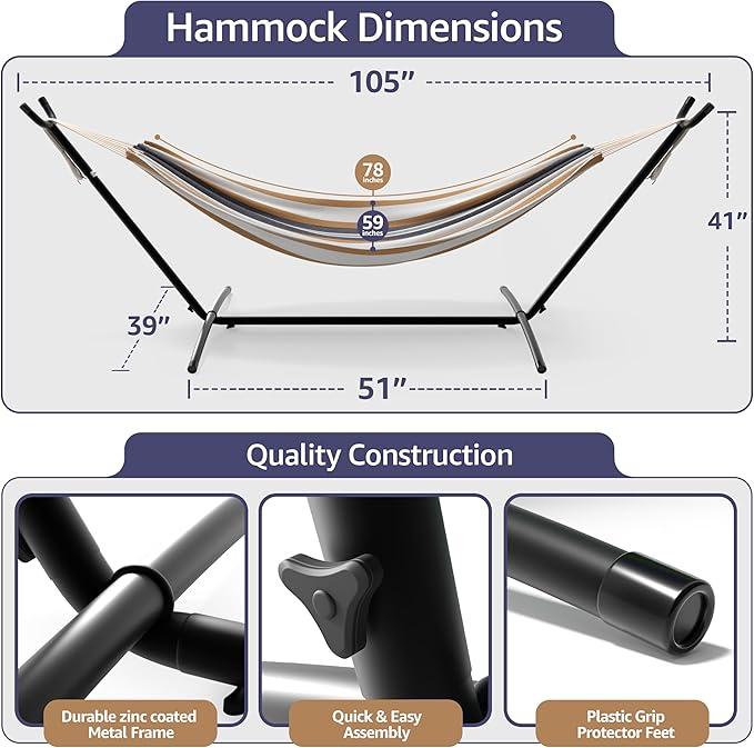 Sorbus 2-Person Hammock with Stand – 60 Cotton Blend Bed Heavy Duty 450lbs Capacity Portable with Carrying Case – for Garden Patio Outdoor Camping Gifts – Washable