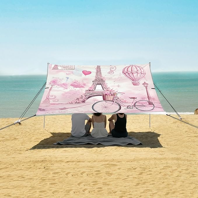 xigua Eiffel Tower Beach Tent Sun Shelter with Carrying Bag - Silver Coated Oxford Fabric Beach Canopy for Beach Camping Fishing - Includes Windproof Ropes Sandbags &amp Stakes