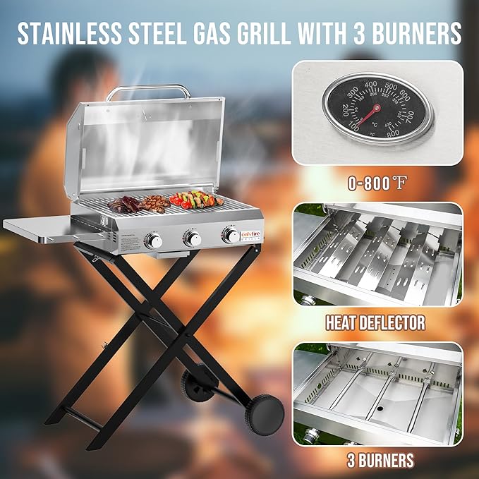 BBQ Gas Grill 3-Burner with Foldable Cart &amp Side Table Premium Portable Propane Grill with 22 Cooking Grate for Outdoor Patio Backyard Barbecue Camping Tailgating RV Stainless Steel Classic GS