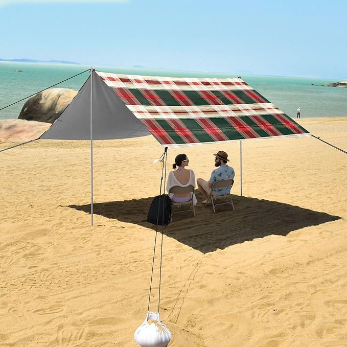 ALAZA Red Green and White Tartan Plaid Beach Tent Sun Shelter UPF50+ Protection Beach Shade Canopy w/ 4 Sandbags for Outdoor Camping Fishing Backyard Fun Picnic 10x9 ft