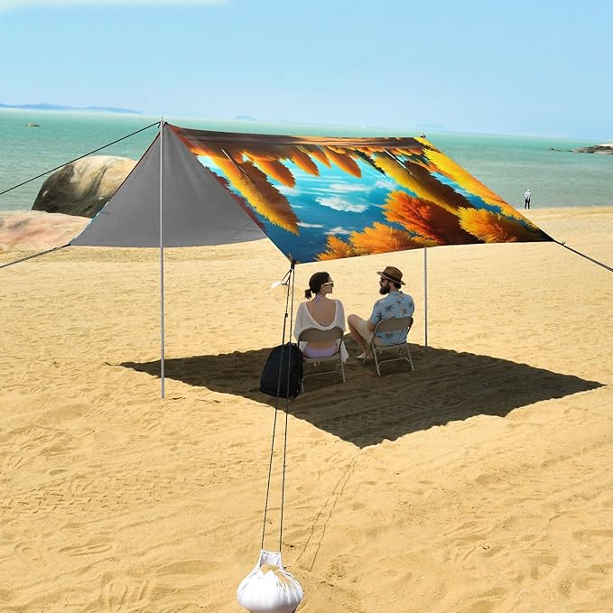 Beach Canopy with Windproof Ropes &amp Sandbags Beach Tent Sun Shade Sun Shelter for Camping Trips Fishing Backyard Fun or Picnics Autumn