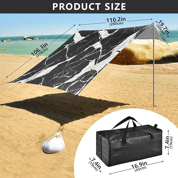 ALAZA Black and White Marble Pattern Beach Tent Sun Shelter Portable Canopy Sunshade for Outdoor Camping Picnics Backyard Fun 10x9 ft