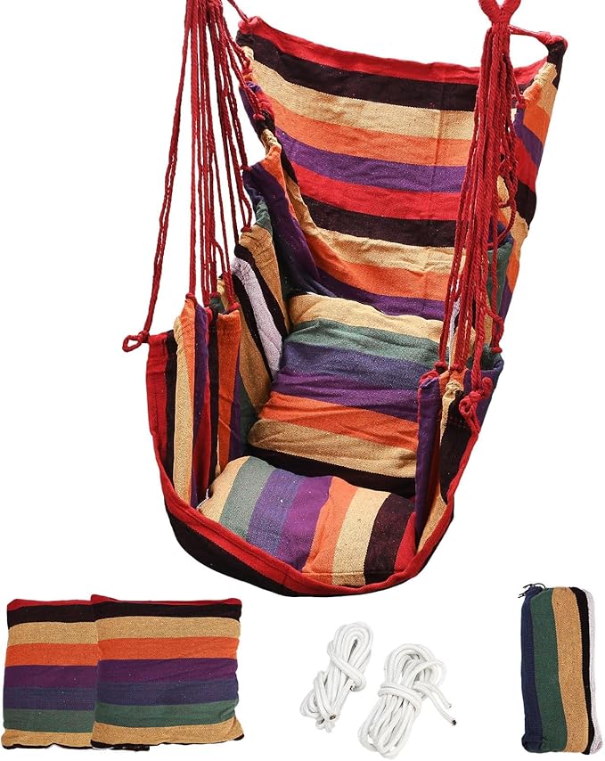 Hammock Chair Hanging Swing with 2 Pillows &amp Side Pocket Soft Cotton Tassel Swinging Chair with Strong Webbing Straps &amp Hooks Indoor Outdoor Comfort Seat (Red)