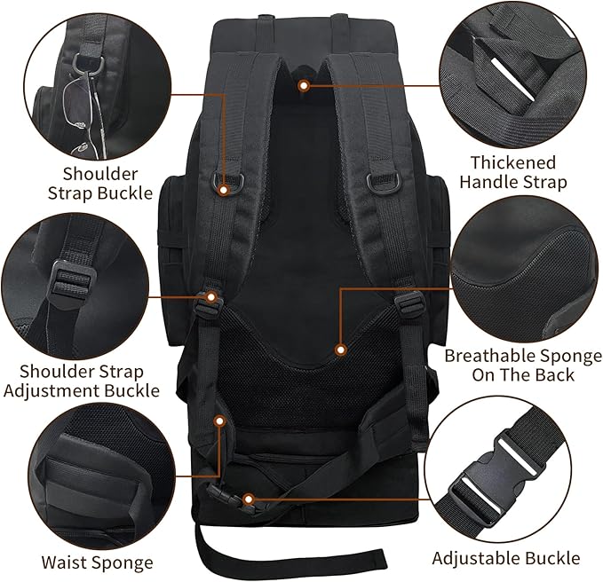 70L/100L Hiking Backpack with USB Charging Port Expandable Large Military Tactical Backpack Waterproof MOLLE Rucksack Travel Backpacking Daypack for Camping Climbing (Black)