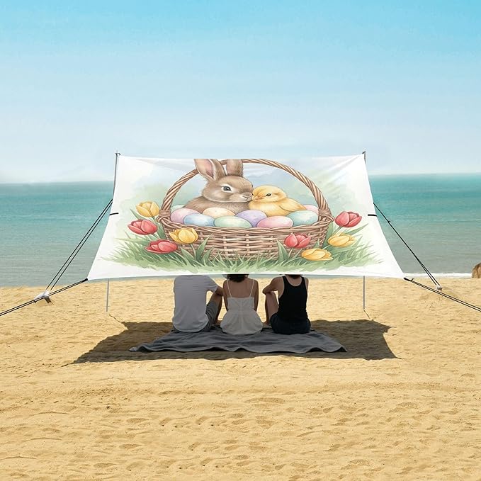 Easter Bunny Beach Canopy Sun Shelter with Sandbags &amp Sand Shovel &amp Windproof Ropes - Portable 110x126 Beach Shade Beach Tent for Camping Picnics
