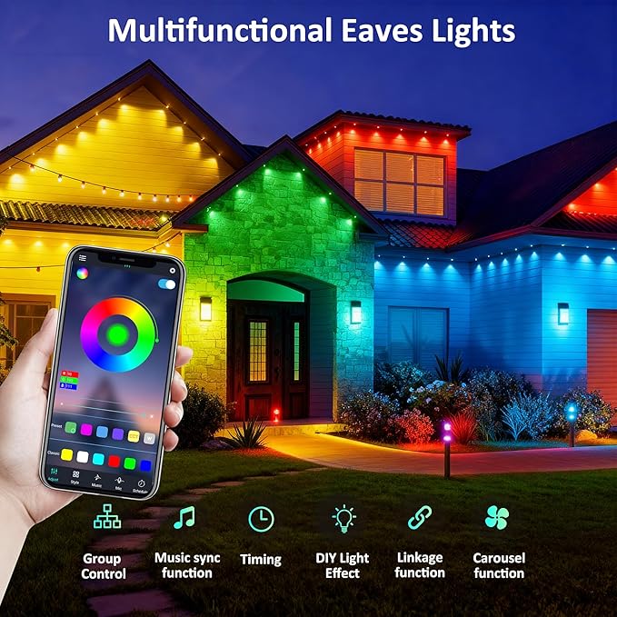 DIERLIGHT RGB Permanent Outdoor Lights 200FT Smart LED Eaves Lights with APP &amp Remote Control IP67 Waterproof Outdoor String Lights for Christmas HalloweenParty Garden Patio House Decor