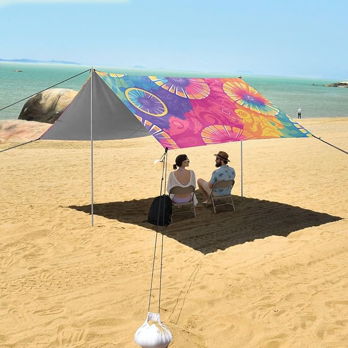 Darkorchid Tie Dye Background Rainbow Colors Tie-dye Pattern Beach Tent UPF50 Easy Setup Shade Sun Shelter with Sandbags &amp Sand Shovel for Camping Picnics Backyard &amp Fishing