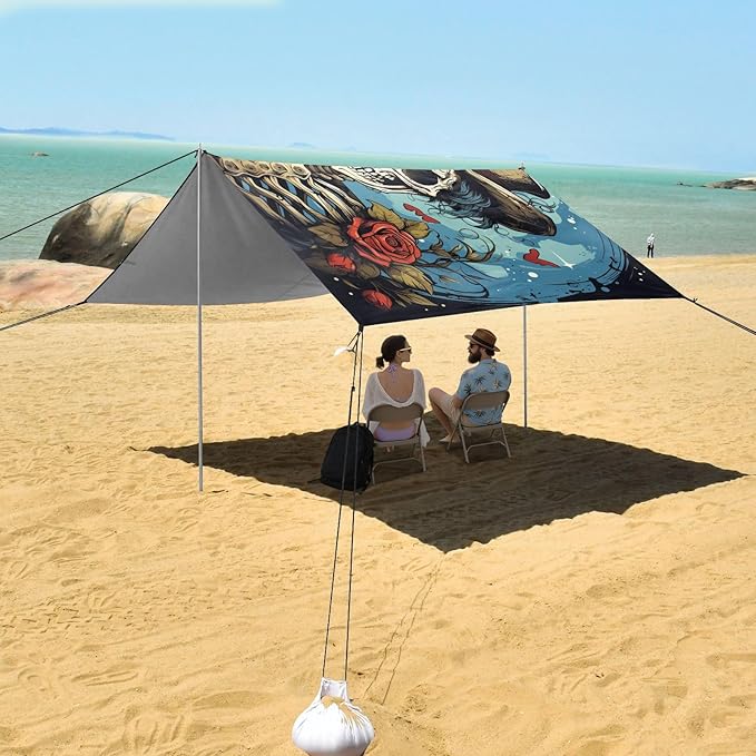 ALAZA Skull Rose Flowers Beach Tent Sun Shelter UPF50+ Protection Beach Shade Canopy w/ 4 Sandbags for Outdoor Camping Fishing Backyard Fun Picnic 10x9 ft