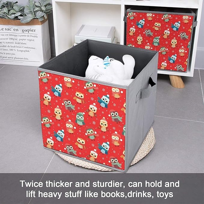Collapsible Storage Bins with Handles Christmas Owl Red Large Capacity Foldable Cube Box for Blankets Comforters Pillows Perfect for Linen Closet Storage