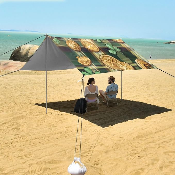 xigua St. Patrick's Day Beach Tent Sun Shelter with Carrying Bag - Silver Coated Oxford Fabric Beach Canopy for Beach Camping Fishing - Includes Windproof Ropes Sandbags &amp Stakes