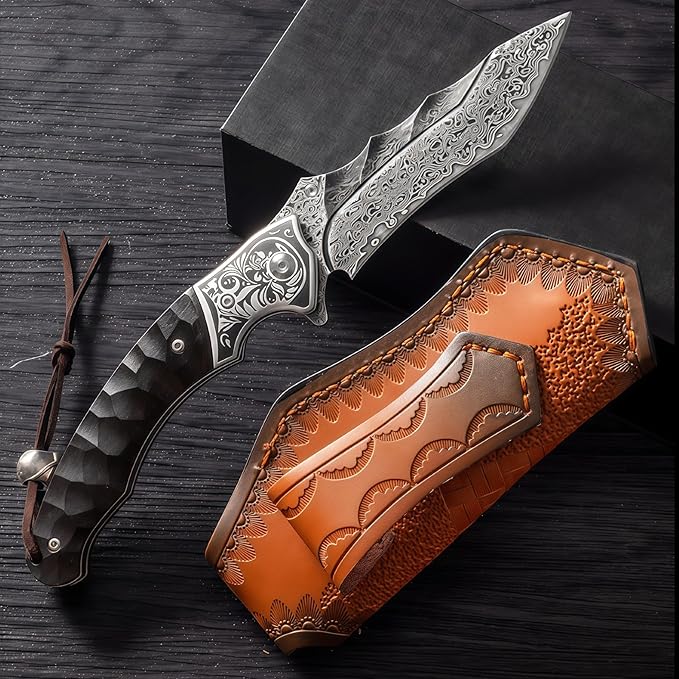 Damascus Steel Folding Knife Personalized Engraving Outdoor Gear Damascus Hunting Knife with Leather Sheath HRC 60 Knives Men Gifts Gifts for Hunters Men who have Everything