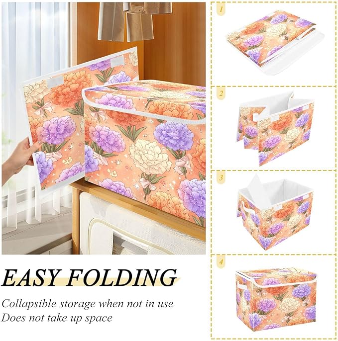 Storage Bins With Lid Stackable Fabric Closet Organizer Clothing Storage Large Boxes For Closet Shelves Bedroom Orange Carnations Bows Leaves