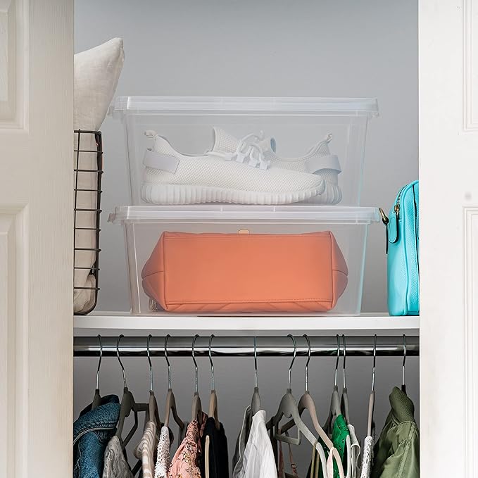 IRIS USA 12-Pack Storage Bins with Lids 15 Quart Shoe Boxes Clear Stackable Containers Organize Shoes Closet Shelves Organization Teacher Tools Game Storage - BPA-Free Plastic