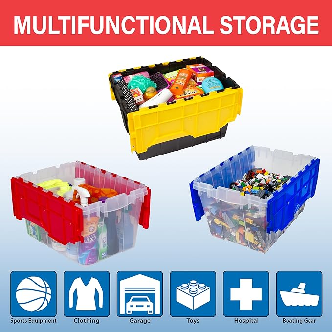Akro-Mils KeepBox 12 Gallon Storage Container Nesting and Stackable Plastic Storage Box with Lid Attached Organizer Tote for Garages Closets Moving 21-1/2 x 15 x 12-1/2 Black/Yellow 6-Pack