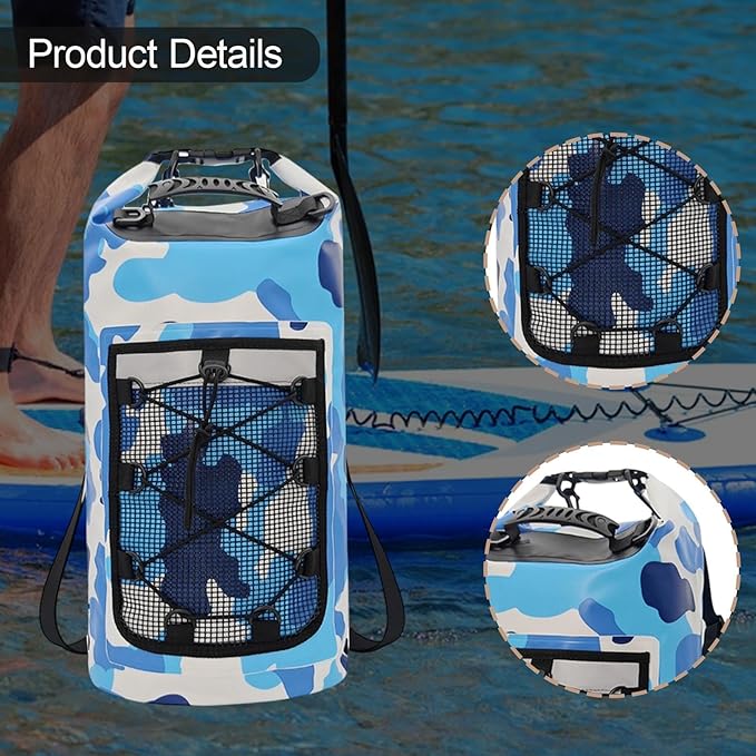 Waterproof Dry Bag Backpack with Mesh Pocket Storage Bag Versatile for Hiking Camping Kayaking Rafting Swimming Blue