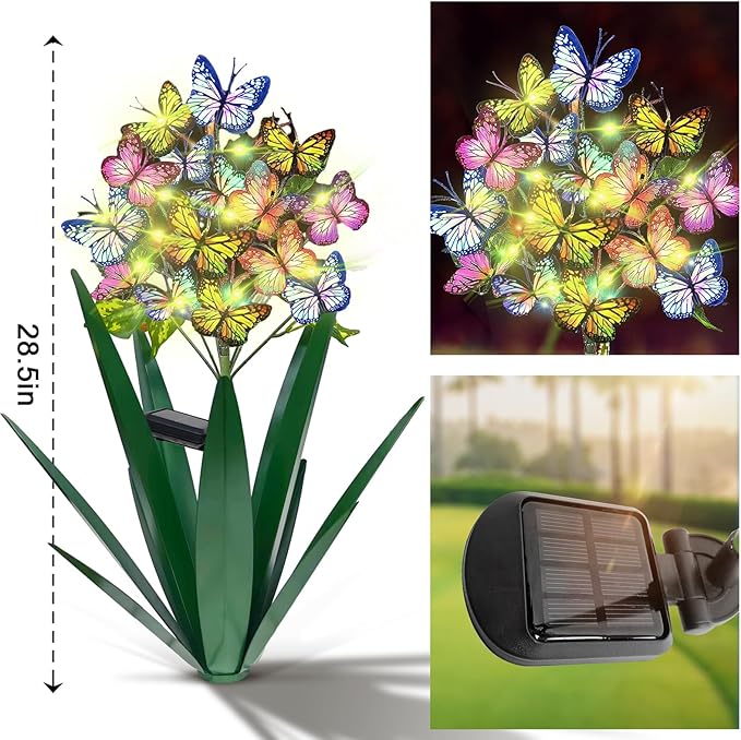 Homight Solar Metal Agave Butterfly Flower Stick Garden Sculpture - Outdoor Gift Christmas Lights Swaying Butterfly Sunflower Lights - Solar Outdoor (2 pcs Green)