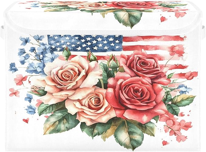 senya July Fourth Baskets Collapsible Storage Bins with Lids Roses Gypsophila Flag Storage Boxes Clothes Baskets for Organizing