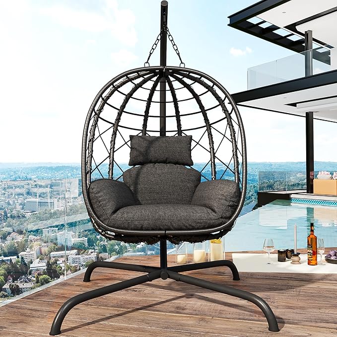 Hanging Egg Chair with Stand Patio Wicker Rattan Swing Chair Hammock Egg Chair for Indoor &amp Outdoor 400lbs Capacity with Thickened Cushion for Bedroom Balcony Garden