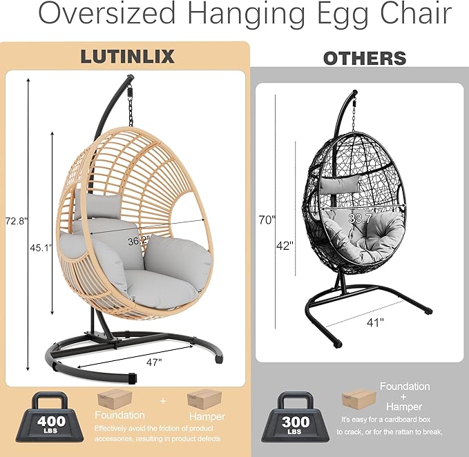 Oversized Hanging Egg Chair Outdoor Indoor Wicker Swing Egg Chair with Stand 400lbs Capacity for Bedroom Patio Garden and Balcony (Beige-Regular Oversize)