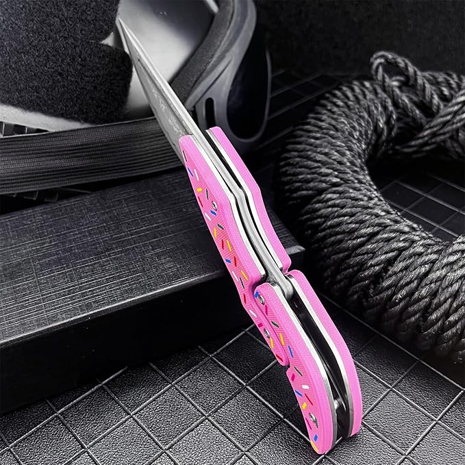 7.3 Damascus Steel Folding Pocket Knife Doughnut Pink Nylon Fiber Handle Mechanical Lock Outdoor EDC Knife for Camping Hiking Fishing Gift