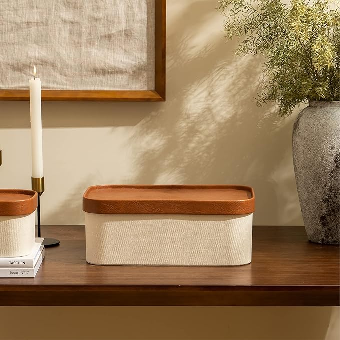 Beige Decorative Storage Boxes With Lids Storage Baskets with Leather-Like Lids Sturdy Stackable Paper Boxes Decorative Tray Modern Basket Organizer Bins for Jewelry Shelve Bathroom Bedroom