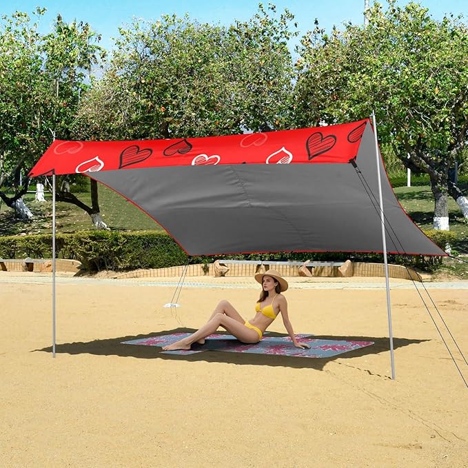 Beach Canopy with Windproof Ropes &amp Sandbags Beach Tent Sun Shade Sun Shelter for Camping Trips Fishing Backyard Fun or Picnics Heart