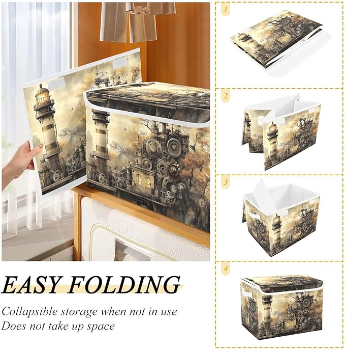 Steampunk Lighthouse Large Storage Bins with Linen Foldable Storage Box Fabric Closet Organizer Containers Cubes with Flip-Top Lid for Home Office 16.5” x 12.6” x 11.8”