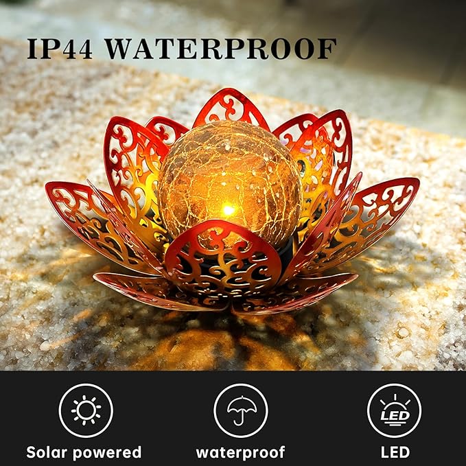 3 Pack Solar Lights Outdoor Garden 6.3  Glass Lotus Lamp Waterproof LED Metal Flower Lights Outdoor Garden Table Decor for Outside Balcony Patio Deck Porch Walkway