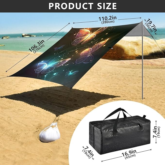 ALAZA Glowing Butterfly Beach Tent Sun Shelter Portable Canopy Sunshade for Outdoor Camping Picnics Backyard Fun 10x9 ft