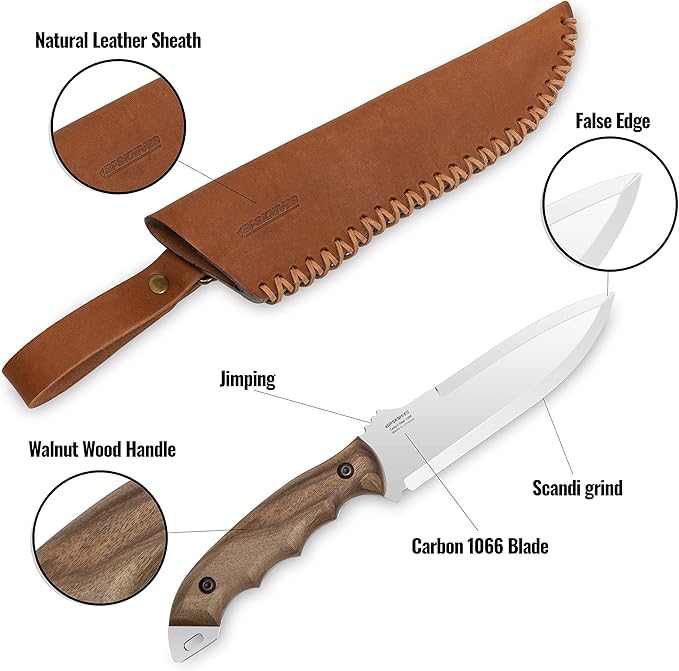 BPSKNIVES HK2 CSH - Handmade Carbon Steel Knife - Fixed Blade Full Tang Camping Knife - Hunting Bushcraft Knives With Leather Sheath - Outdoor Scandinavian Camp Knives