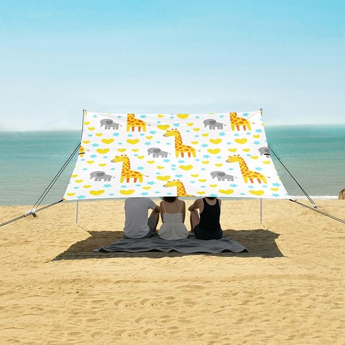 Beach Canopy with Windproof Ropes &amp Sandbags Beach Tent Sun Shade Sun Shelter for Camping Trips Fishing Backyard Fun or Picnics Giraffes and Elephants